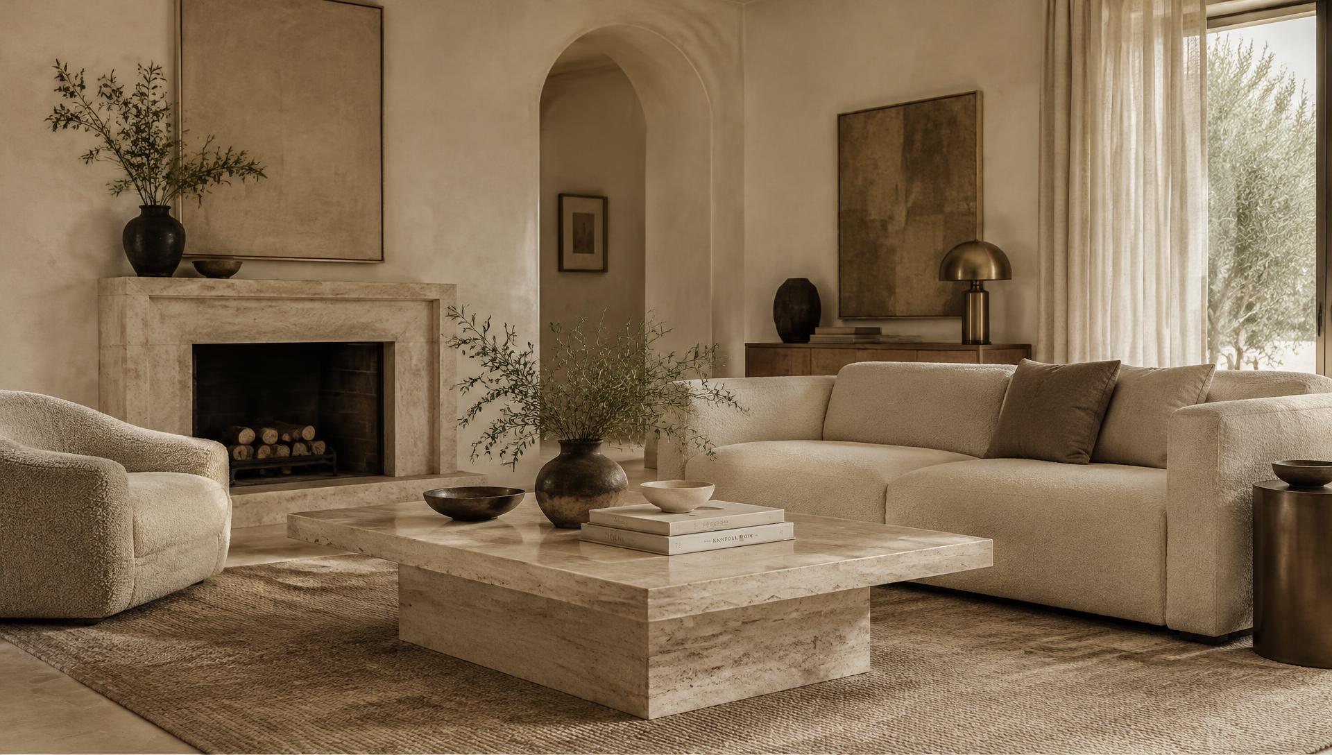 Minimalist living room with travertine and linen